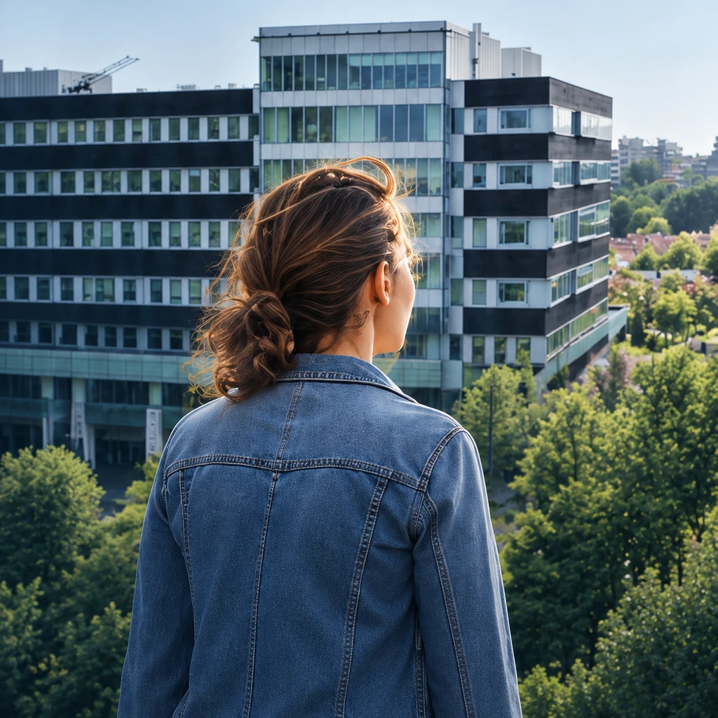 Persoon die rechtop staat bij daglicht, klaar voor de volgende stap — vrouw kijkt naar modern kantoor